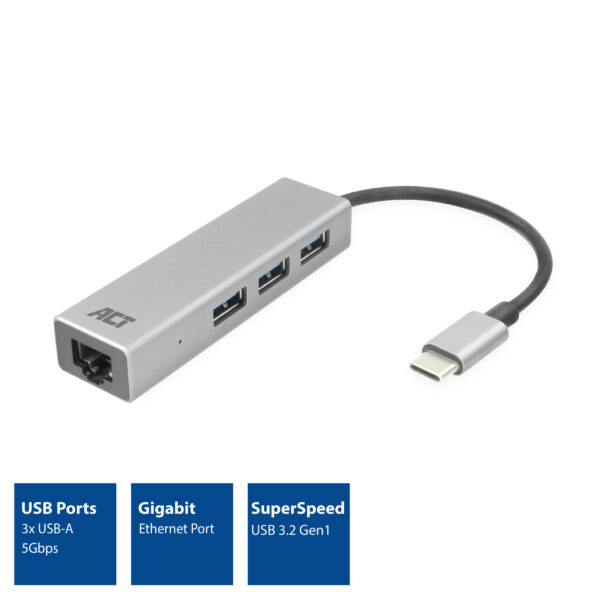 ACT USB-C hub 3.0, 3x USB-A, Gigabit ethernet - Afbeelding 2