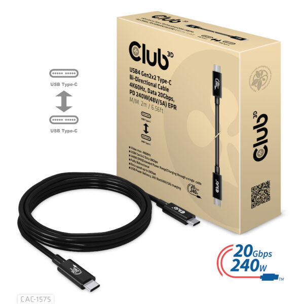 CLUB3D USB4 Gen2x2 Type-C Bi-Directional Cable 4K60Hz, Data 20Gbps, PD 240W(48V/5A) EPR M/M 2m USB IF GECERTIFCIEERD - Afbeelding 5