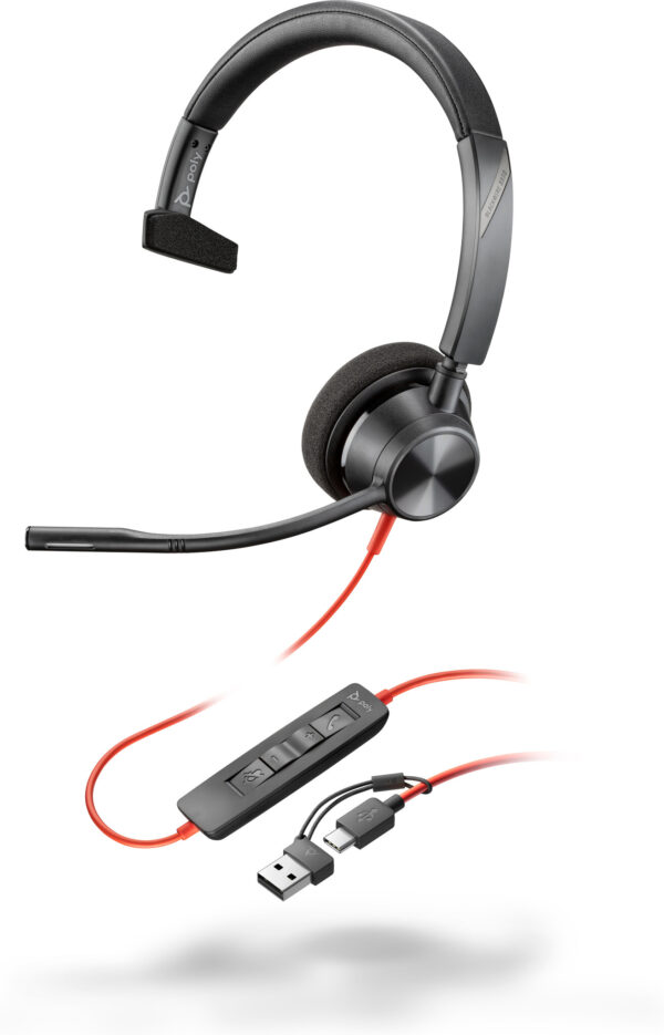 POLY Blackwire 3310 Monaural USB-C Headset + USB-C/A adapter