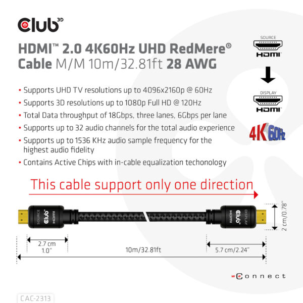 CLUB3D HDMI 2.0 4K60Hz RedMere Kabel 10 meter - Afbeelding 10