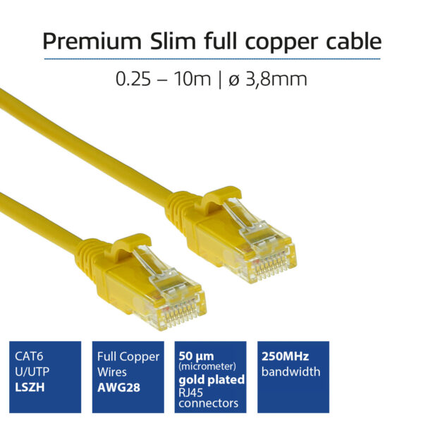 ACT Gele 0.5 meter LSZH U/UTP CAT6 datacenter slimline patchkabel snagless met RJ45 connectoren - Afbeelding 2