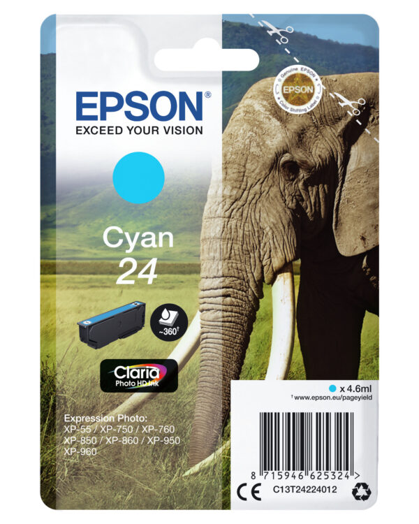 Epson Elephant Singlepack Cyan 24 Claria Photo HD Ink - Afbeelding 3