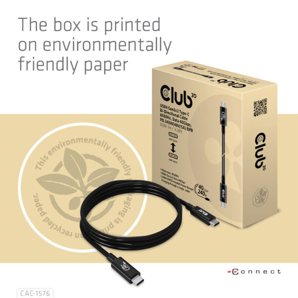 CLUB3D USB4 Gen3x2 Type-C Bi-Directional Cable 8K60Hz, Data 40Gbps, PD 240W(48V/5A) EPR M/M 1m USB IF GECERTIFICEERD - Afbeelding 11