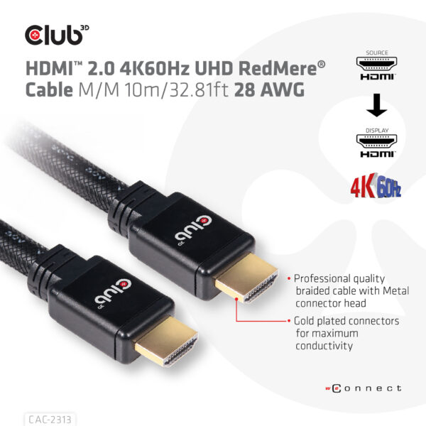 CLUB3D HDMI 2.0 4K60Hz RedMere Kabel 10 meter - Afbeelding 9