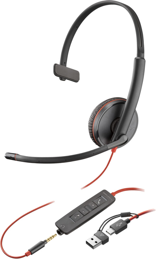 POLY Blackwire 3215 Monaural USB-C Headset + 3,5 mm plug + USB-C/A adapter