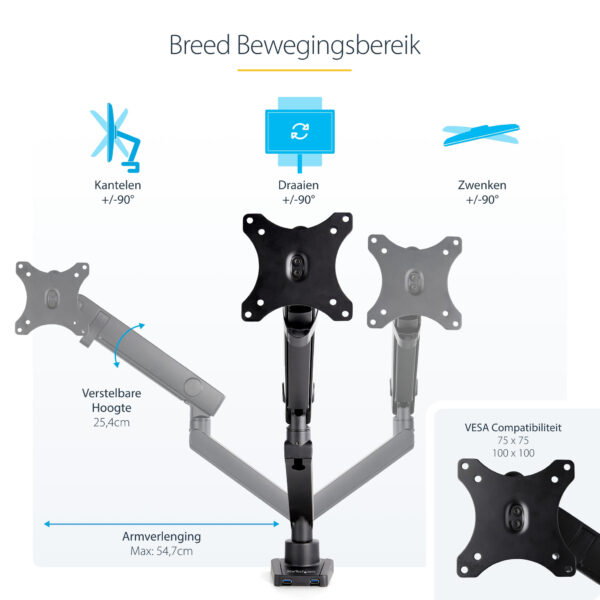StarTech.com ARMSLIM2USB3 flat panel bureau steun 86,4 cm (34") Zwart - Afbeelding 11