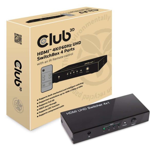 CLUB3D HDMI™ 2.0 UHD 4K60Hz SwitchBox 4 poorten en inbegrepen IR-afstandsbediening - Afbeelding 2