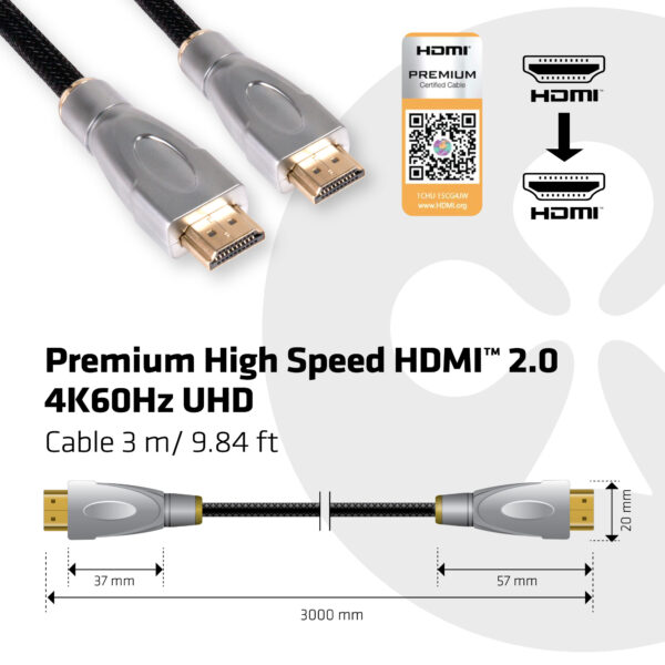 CLUB3D HDMI 2.0 Cable 3Meter UHD 4K/60Hz 18Gbps Certified Premium High Speed - Afbeelding 5