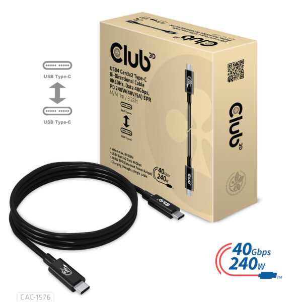 CLUB3D USB4 Gen3x2 Type-C Bi-Directional Cable 8K60Hz, Data 40Gbps, PD 240W(48V/5A) EPR M/M 1m USB IF GECERTIFICEERD - Afbeelding 5