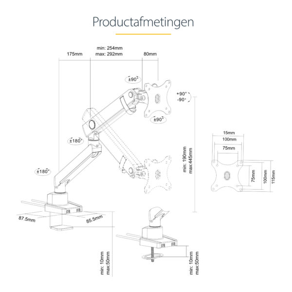 StarTech.com ARMSLIM2USB3 flat panel bureau steun 86,4 cm (34") Zwart - Afbeelding 15