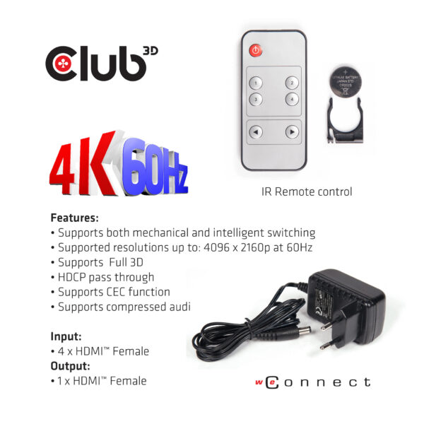 CLUB3D HDMI™ 2.0 UHD 4K60Hz SwitchBox 4 poorten en inbegrepen IR-afstandsbediening - Afbeelding 8