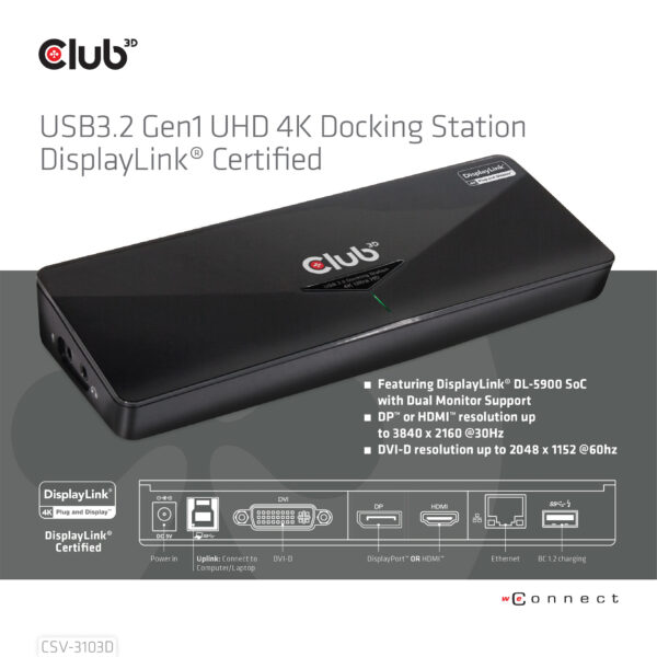 CLUB3D UNIVERSEEL USB 3.1 Gen 1 DisplayLink® gecertificeerd Docking station UHD 4K - Afbeelding 11