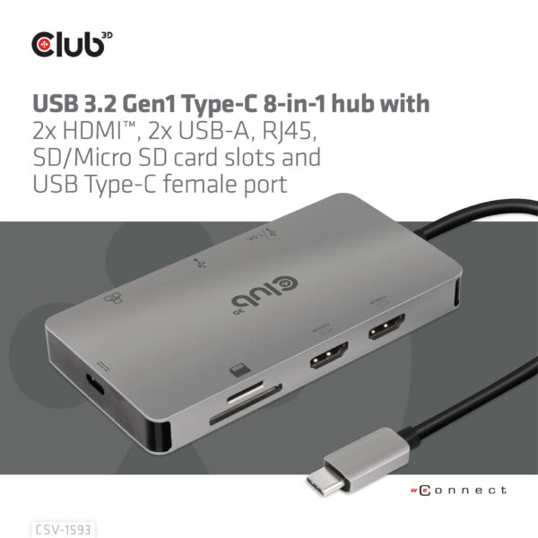 CLUB3D Type-C HUB 8-in-1 met 2x HDMI ( alt modus), 2x USB-A, RJ45, SD/Micro slot en USB Type-C oplaad mogelijkheid max. 100Watt( - Afbeelding 8