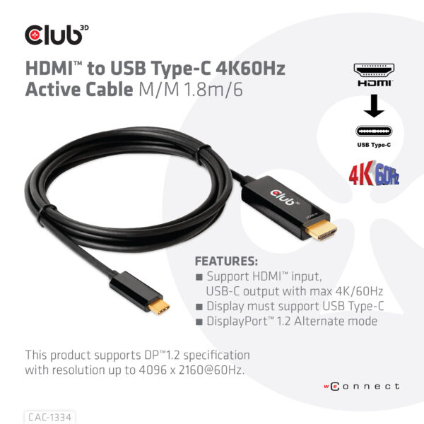 CLUB3D HDMI to USB Type-C 4K60Hz Active Cable M/M 1.8m/6 ft - Afbeelding 3