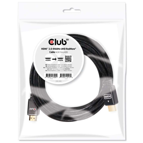 CLUB3D HDMI 2.0 4K60Hz UHD RedMere Kabel 15 meter - Afbeelding 2