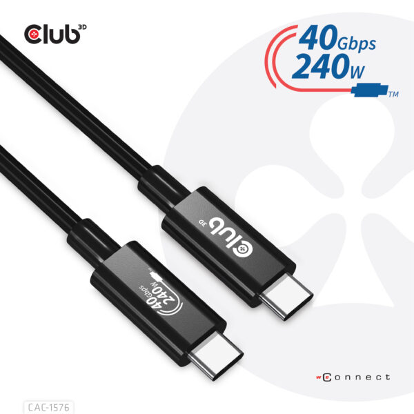 CLUB3D USB4 Gen3x2 Type-C Bi-Directional Cable 8K60Hz, Data 40Gbps, PD 240W(48V/5A) EPR M/M 1m USB IF GECERTIFICEERD - Afbeelding 8