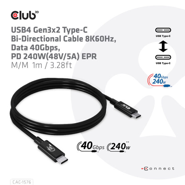 CLUB3D USB4 Gen3x2 Type-C Bi-Directional Cable 8K60Hz, Data 40Gbps, PD 240W(48V/5A) EPR M/M 1m USB IF GECERTIFICEERD - Afbeelding 6