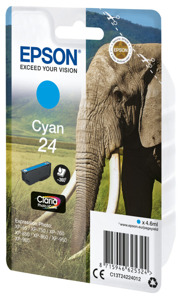 Epson Elephant Singlepack Cyan 24 Claria Photo HD Ink - Afbeelding 2