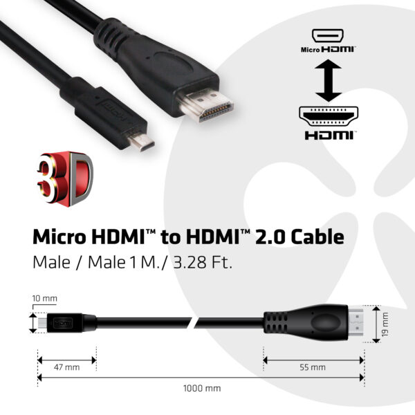 CLUB3D Micro HDMI™ naar HDMI™ 2.0 4K60Hz Kabel 1M - Afbeelding 3