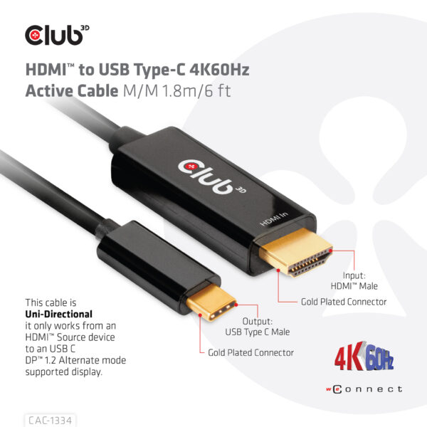 CLUB3D HDMI to USB Type-C 4K60Hz Active Cable M/M 1.8m/6 ft - Afbeelding 6