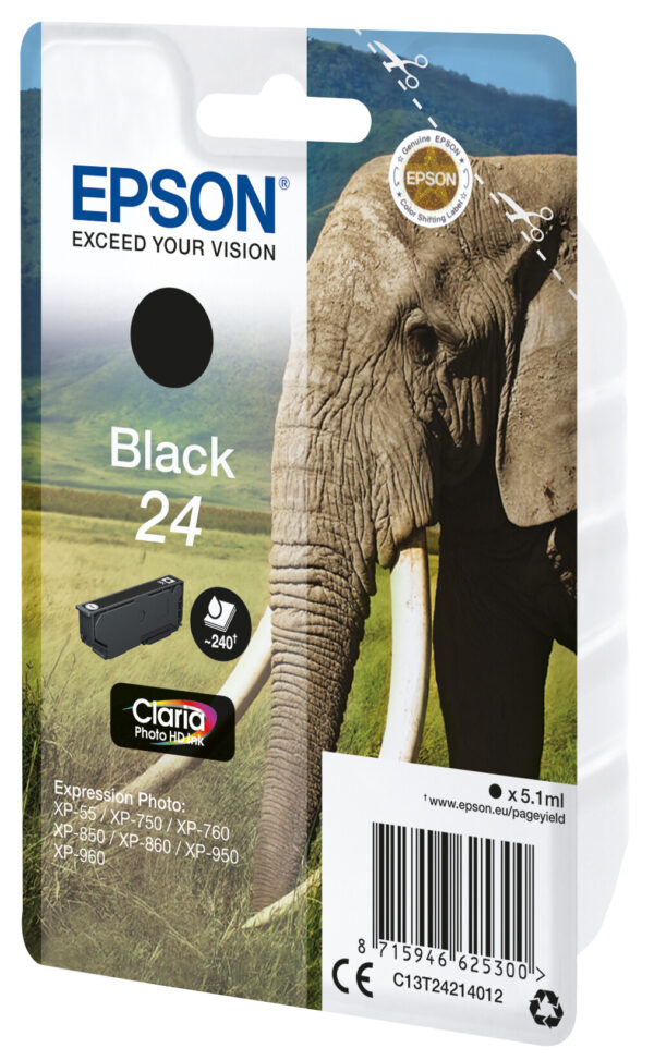 Epson Elephant Singlepack Black 24 Claria Photo HD Ink - Afbeelding 2