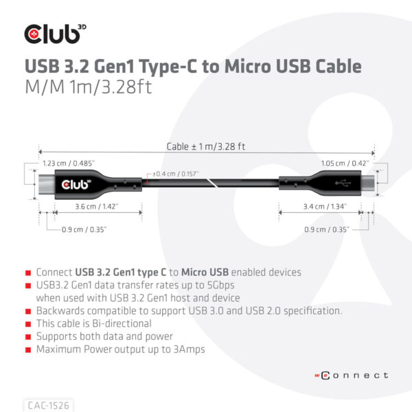 CLUB3D USB 3.2 Gen1 Type-C to Micro USB Cable M/M 1m /3.28ft - Afbeelding 4