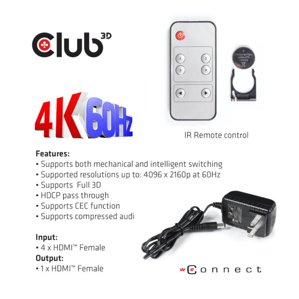 CLUB3D HDMI™ 2.0 UHD 4K60Hz SwitchBox 4 poorten en inbegrepen IR-afstandsbediening - Afbeelding 9