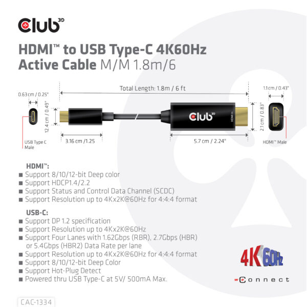 CLUB3D HDMI to USB Type-C 4K60Hz Active Cable M/M 1.8m/6 ft - Afbeelding 4