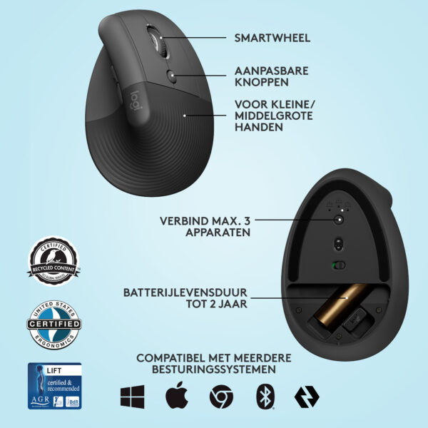 Logitech Lift muis Kantoor Rechtshandig RF-draadloos + Bluetooth Optisch 4000 DPI - Afbeelding 11