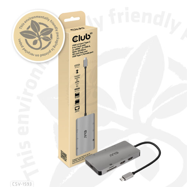 CLUB3D Type-C HUB 8-in-1 met 2x HDMI ( alt modus), 2x USB-A, RJ45, SD/Micro slot en USB Type-C oplaad mogelijkheid max. 100Watt( - Afbeelding 4