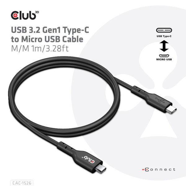 CLUB3D USB 3.2 Gen1 Type-C to Micro USB Cable M/M 1m /3.28ft - Afbeelding 3