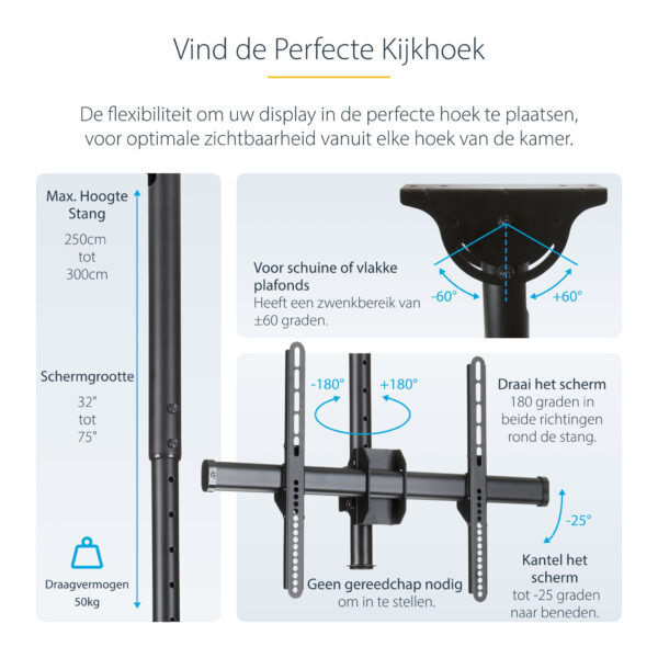 StarTech.com TV Plafondbeugel, Full-Motion Universele Ophangbeugel, VESA Beugel voor Single 32”-75" TVs / Displays, Kantelen/Zwe - Afbeelding 11