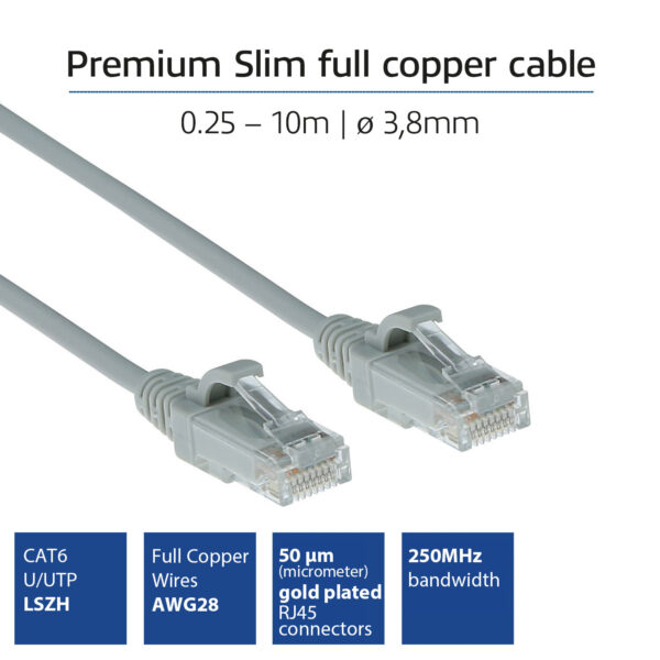 ACT Grijze 2 meter LSZH U/UTP CAT6 datacenter slimline patchkabel snagless met RJ45 connectoren - Afbeelding 2