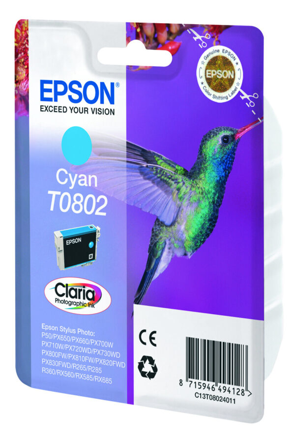 Epson Hummingbird Singlepack Cyan T0802 Claria Photographic Ink - Afbeelding 2