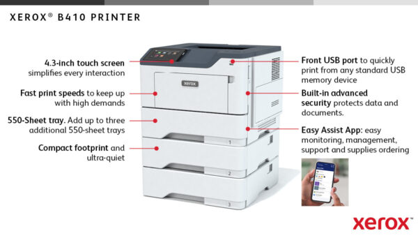 Xerox B410 A4 47 ppm draadloze dubbelzijdige printer PS3 PCL5e/6 2 laden totaal 650 vel - Afbeelding 7