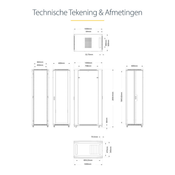 StarTech.com 4 Post 42U Netwerkkast, 19" Patchkast voor Computer/AV/IT Apparatuur, Data Rack met Wielen, Full Size Industriële S - Afbeelding 12