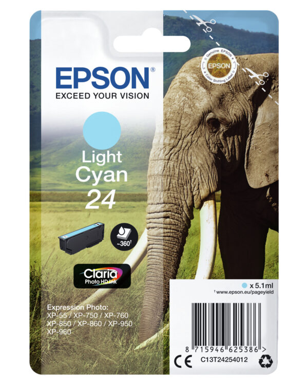 Epson Elephant Singlepack Light Cyan 24 Claria Photo HD Ink - Afbeelding 3