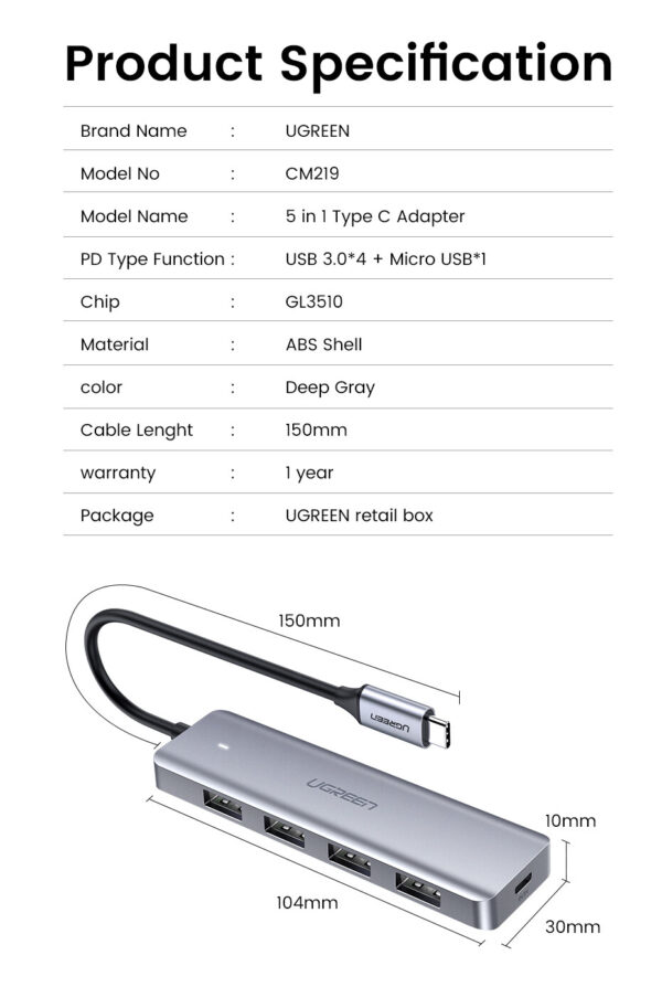 Ugreen 70336 interface hub USB 3.2 Gen 1 (3.1 Gen 1) Type-C 5000 Mbit/s - Afbeelding 12