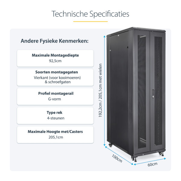 StarTech.com 4 Post 42U Netwerkkast, 19" Patchkast voor Computer/AV/IT Apparatuur, Data Rack met Wielen, Full Size Industriële S - Afbeelding 11