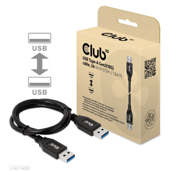 CLUB3D USB Type-A Gen2(10G) cable, 3A M/M 0.5m / 1.64 ft - Afbeelding 2