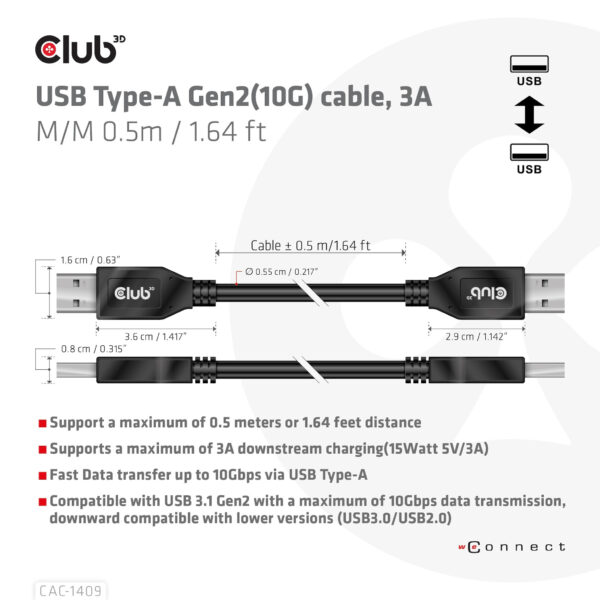 CLUB3D USB Type-A Gen2(10G) cable, 3A M/M 0.5m / 1.64 ft - Afbeelding 4