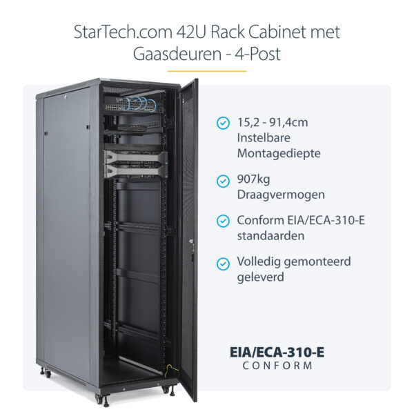 StarTech.com 4 Post 42U Netwerkkast, 19" Patchkast voor Computer/AV/IT Apparatuur, Data Rack met Wielen, Full Size Industriële S - Afbeelding 8