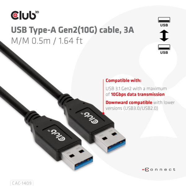 CLUB3D USB Type-A Gen2(10G) cable, 3A M/M 0.5m / 1.64 ft - Afbeelding 3