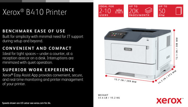 Xerox B410 A4 47 ppm draadloze dubbelzijdige printer PS3 PCL5e/6 2 laden totaal 650 vel - Afbeelding 8