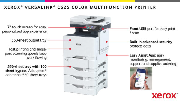 Xerox VersaLink C625 A4 50 ppm dubbelzijdig kopiëren en printen, scannen en faxen, geschikt voor PS3 PCL5e/6 2 laden voor max. 6 - Afbeelding 23